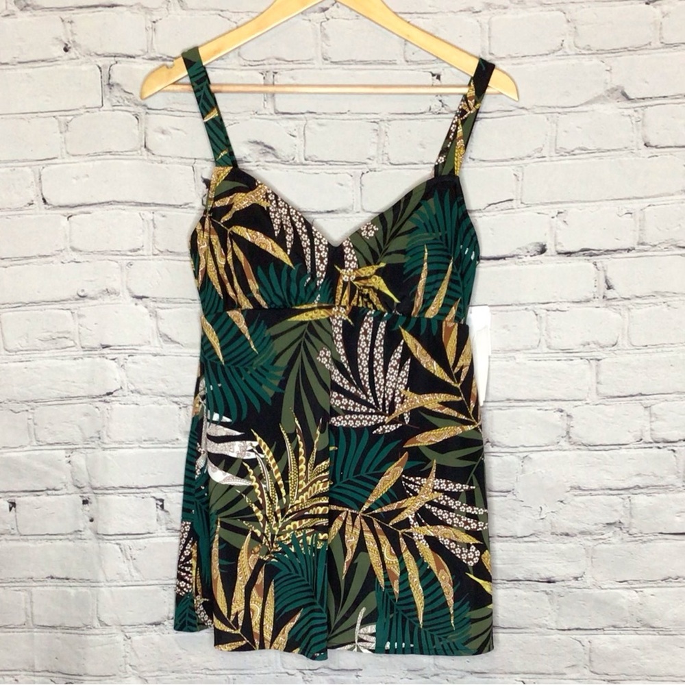 Upstream Green Black Leaf Print Empire Waist Swim Dress Adjustable Strap 10 NWT